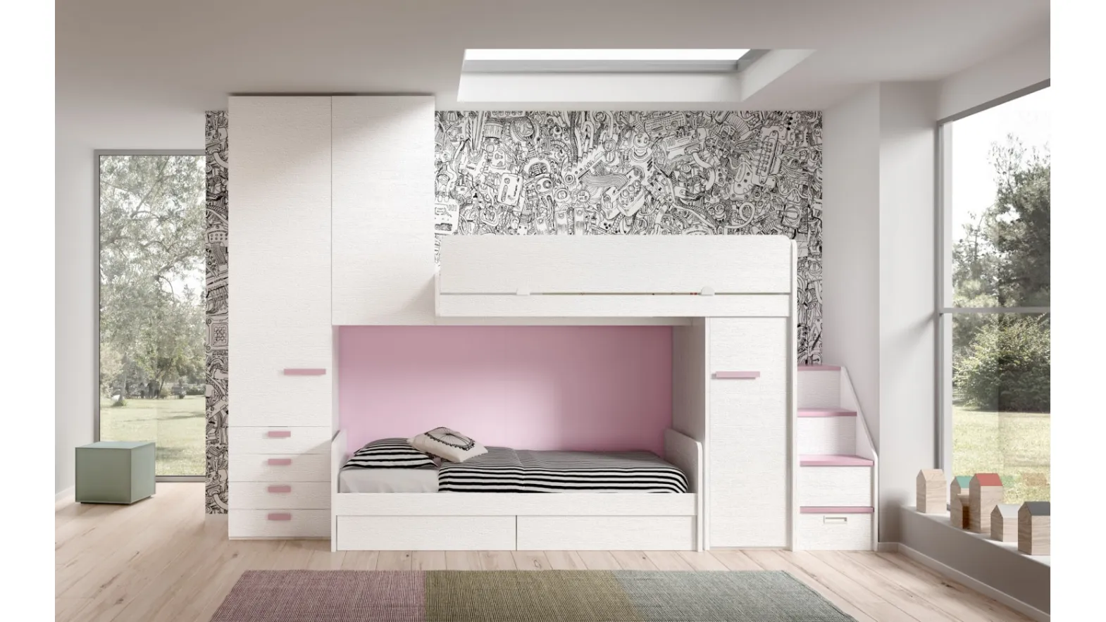 Camera finitura Bianco e Rosa con soppalco Room 171 di Zg Mobili