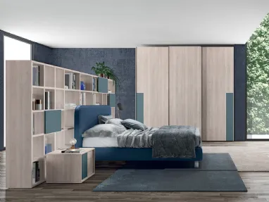 Letto in ecopelle Blu Oceano con testiera Golf Reverso di Colombini Casa