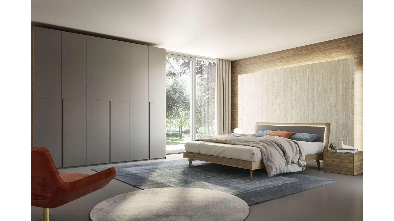 Letto in melaminico finitura noce con testiera in pelle con led Tahiti Led di S75