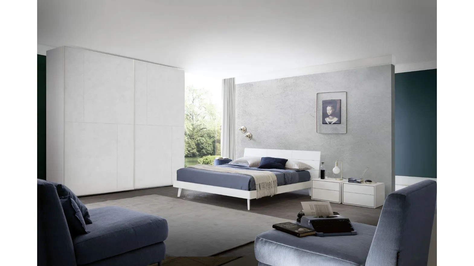 Letto con testiera in finitura cemento bianco Wall di S75