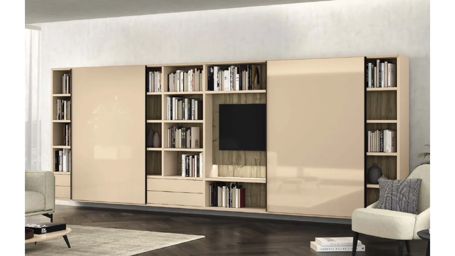 Libreria a muro Vitalyty Luce in laccato lucido e melaminico finitura legno di Colombini Casa