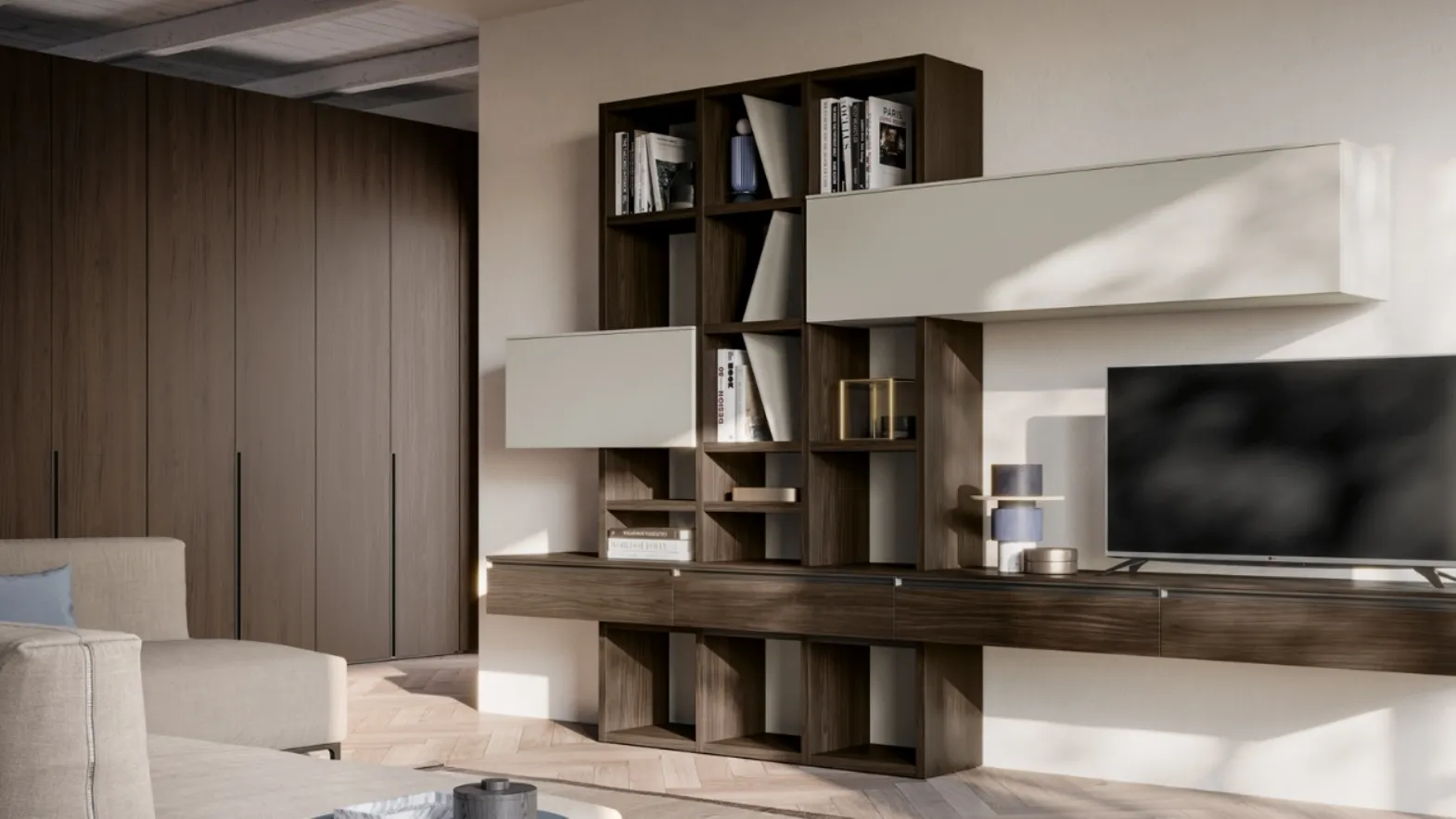 Libreria in melaminico effetto legno e laccato opaco GS211 di SantaLucia