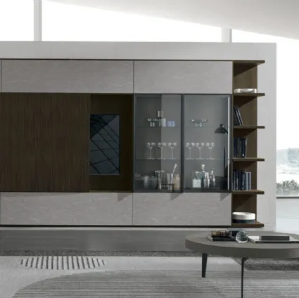 Parete Attrezzata Atlante UNIT AT211 in materico rovere moka, legno rovere moka canettè e materico piasentina scuro di Tomasella