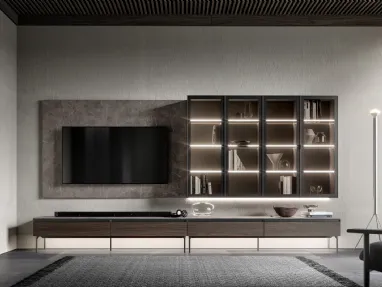 Parete Attrezzata GS301 in melaminico effetto marmo e legno con ante in vetro di SantaLucia