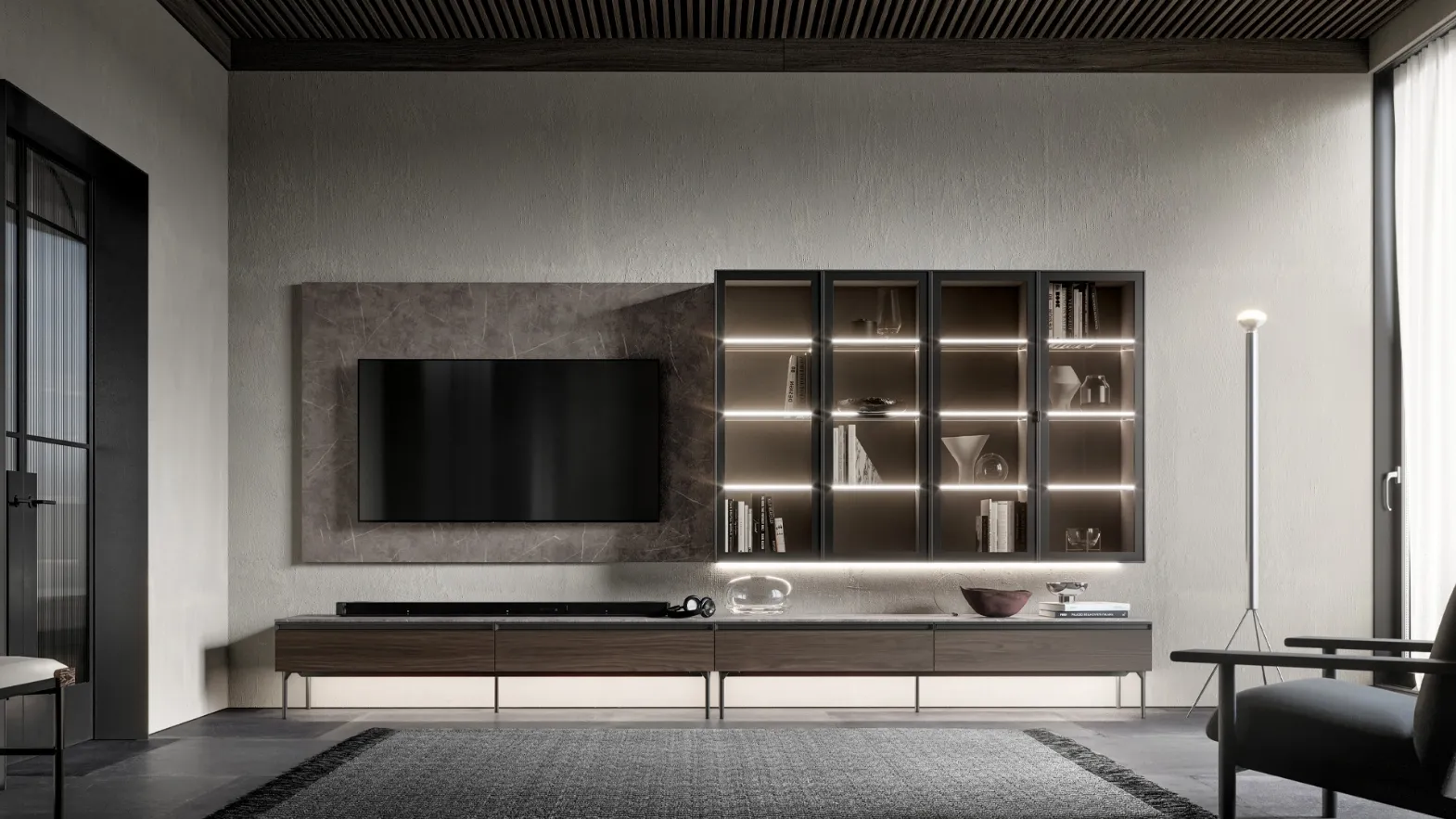 Parete Attrezzata GS301 in melaminico effetto marmo e legno con ante in vetro di SantaLucia