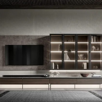 Parete Attrezzata GS301 in melaminico effetto marmo e legno con ante in vetro di SantaLucia