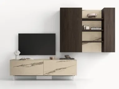 Parete Attrezzata GS302 in melaminico finiture effetto marmo e legno di SantaLucia