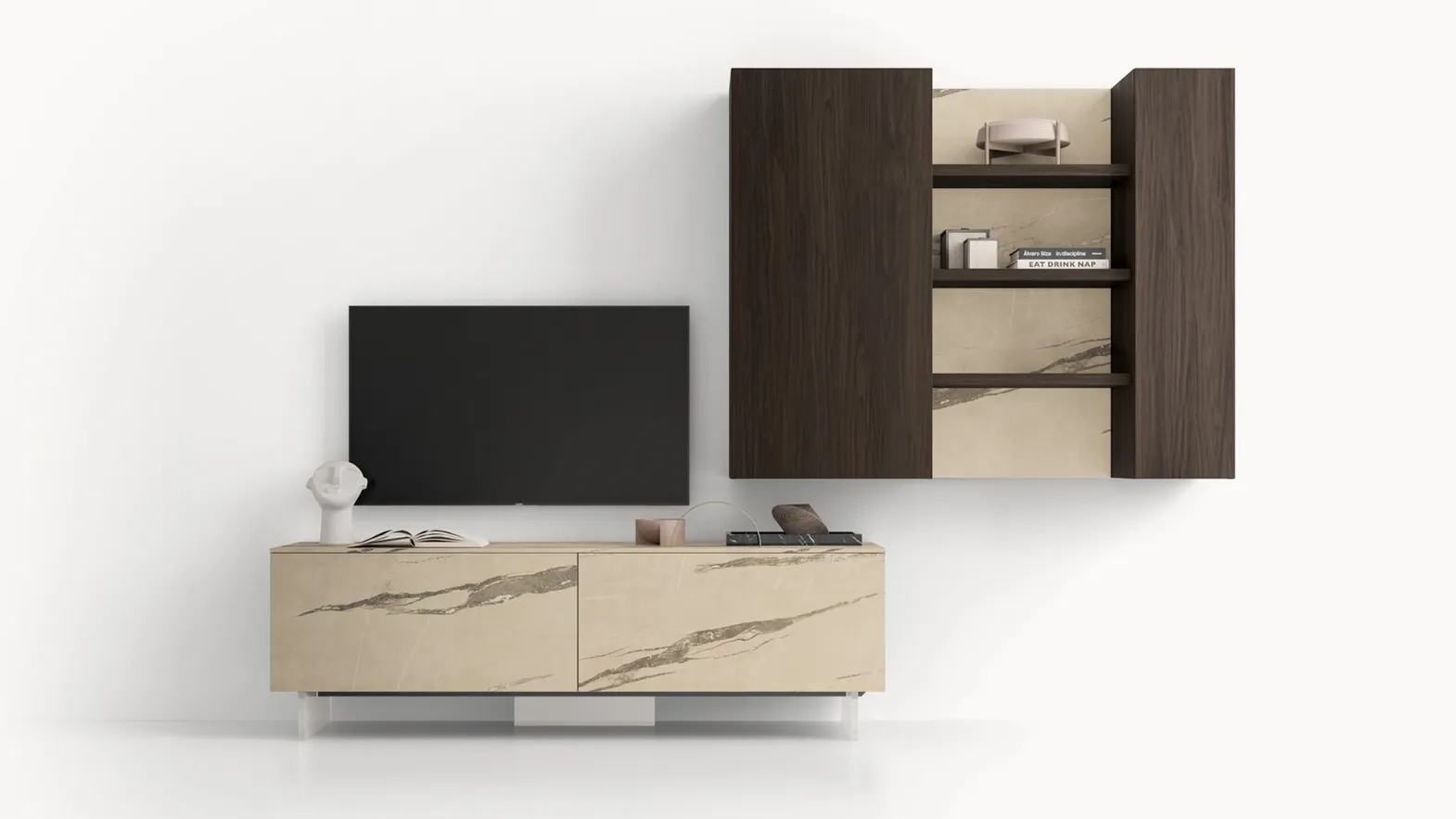 Parete Attrezzata GS302 in melaminico finiture effetto marmo e legno di SantaLucia