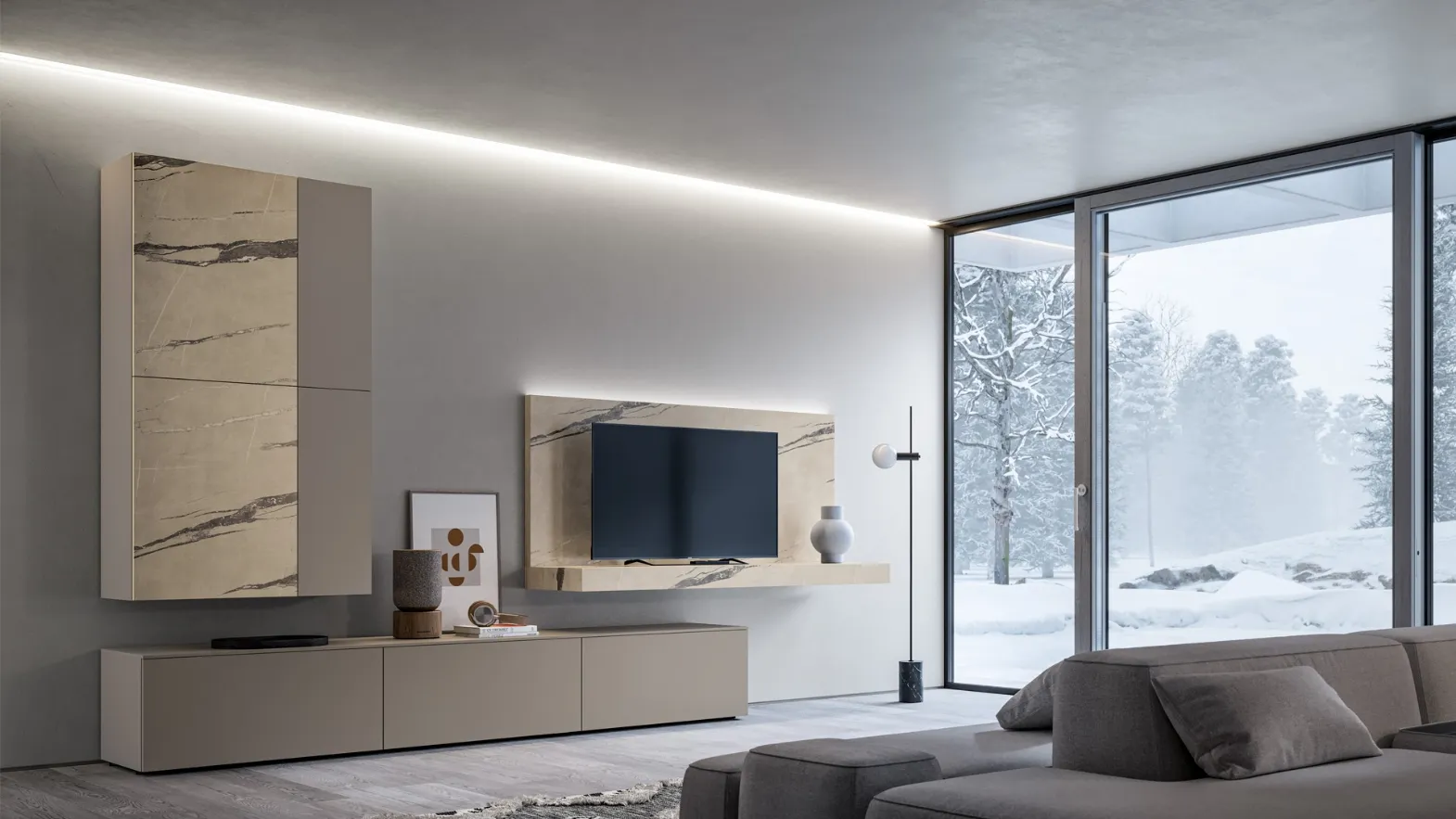 Parete Attrezzata GS303 in melaminico statuario e laccato opaco SantaLucia