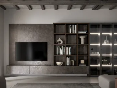 Parete Attrezzata GS308 in melaminico effetto marmo grafite con ante in vetro di SantaLucia