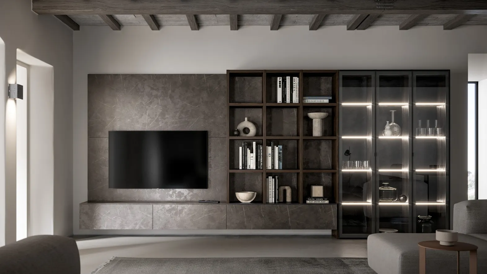 Parete Attrezzata GS308 in melaminico effetto marmo grafite con ante in vetro di SantaLucia