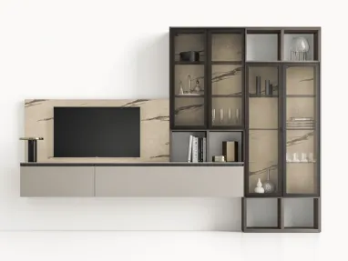 Parete Attrezzata GS309 in laccato opaco con boiserie effetto marmo e ante in vetro di SantaLucia