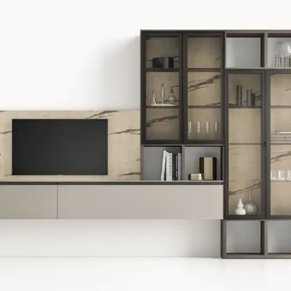 Parete Attrezzata GS309 in laccato opaco con boiserie effetto marmo e ante in vetro di SantaLucia