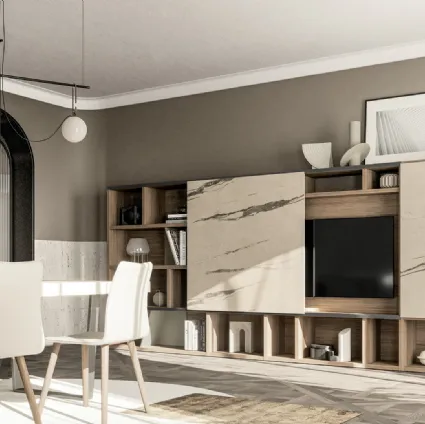Parete Attrezzata GS310 in finitura matwood coffee e effetto marmo statuario di SantaLucia