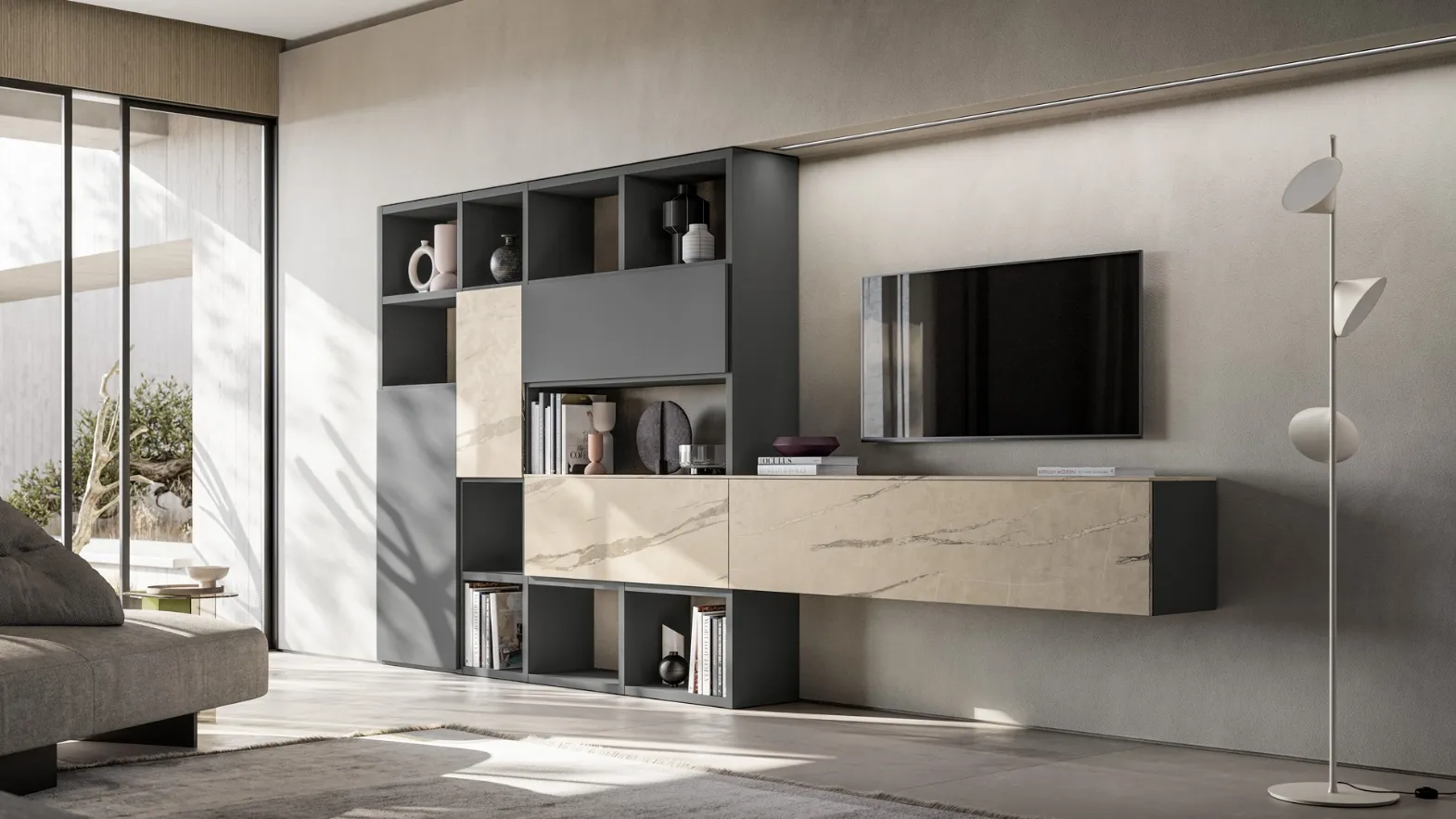 Parete Attrezzata GS312 in laccato opaco e melaminico effetto marmo di SantaLucia