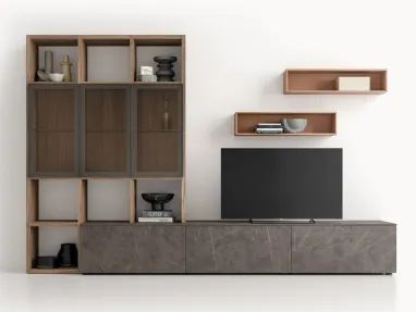 Parete Attrezzata GS313 in melaminico finitura effetto marmo e legno di SantaLucia