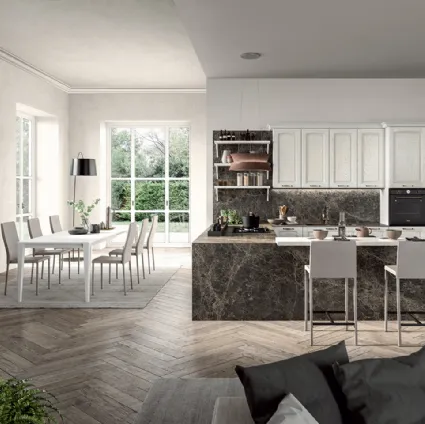 Cucina Classica angolare con penisola in legno di Frassino laccato Bianco a poro aperto e laminato effetto marmo Emma di Arredo3