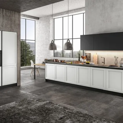 Cucina Classica lineare in Pet opaco Bianco, pensili in laccato Nero e top in laminato Grigio Frame di Arredo3