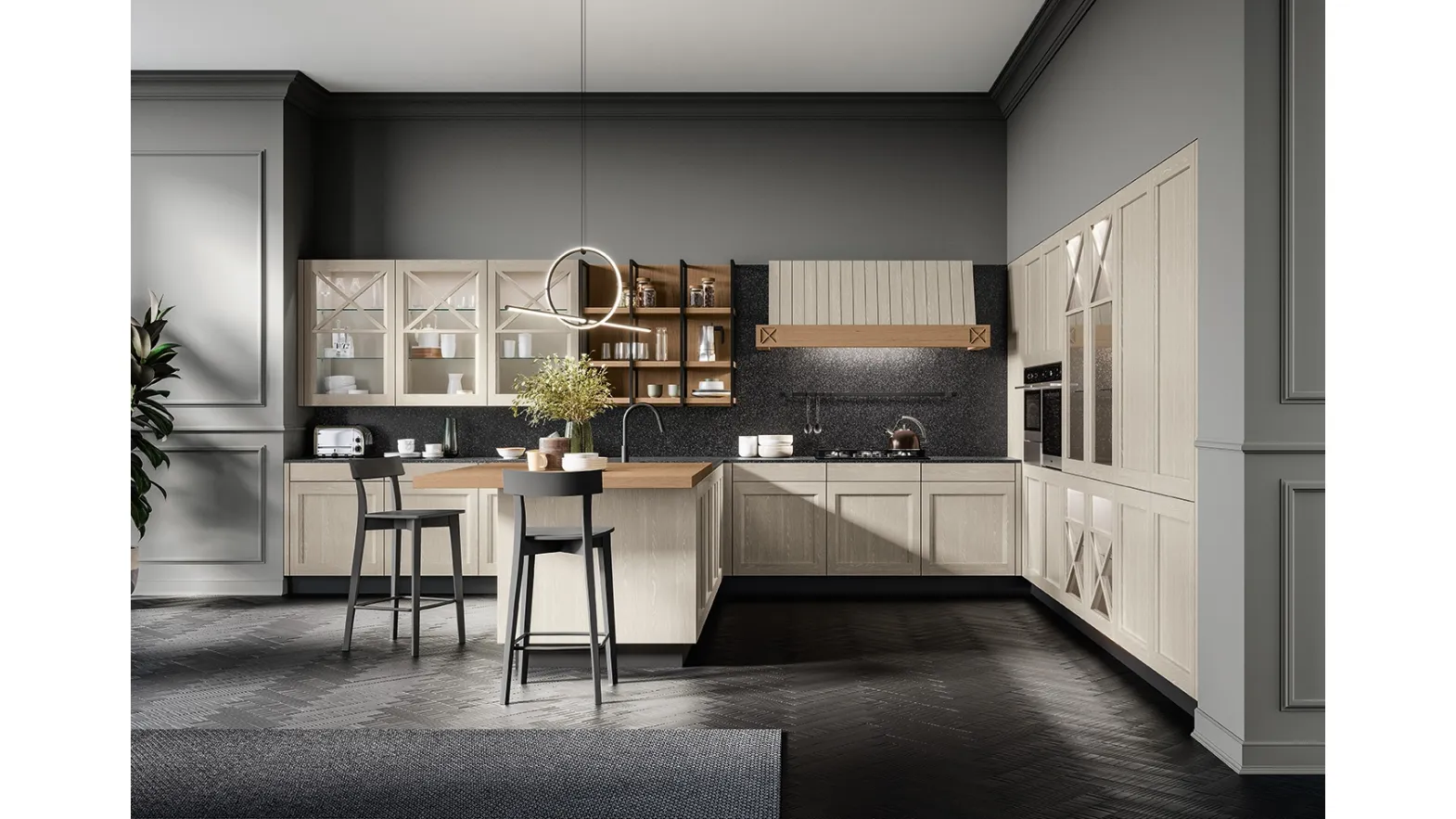 Cucina Classica angolare Frida classic in Frassino massello finitura decapè Fieno con top in quarzo di Arredo3