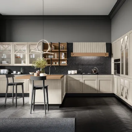 Cucina Classica angolare Frida classic in Frassino massello finitura decapè Fieno con top in quarzo di Arredo3