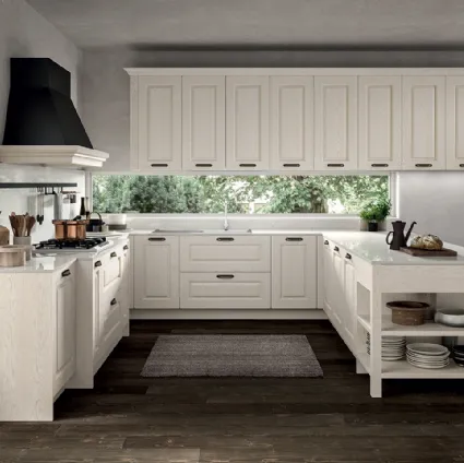 Cucina Classica angolare in Frassino laccato a poro aperto Bianco, tonalità ripresa dal piano di lavoro e dallo schienale in quarzo impero Verona di Arredo3
