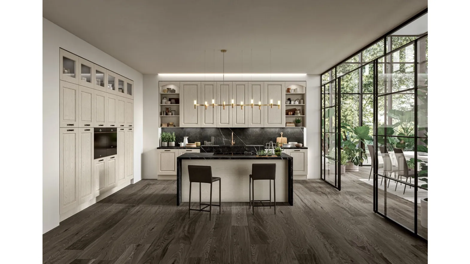 Cucina Classica con isola in legno di Frassino finitura Juta decapè e top in Dekton Verona di Arredo3
