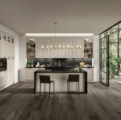 Cucina Classica con isola in legno di Frassino finitura Juta decapè e top in Dekton Verona di Arredo3