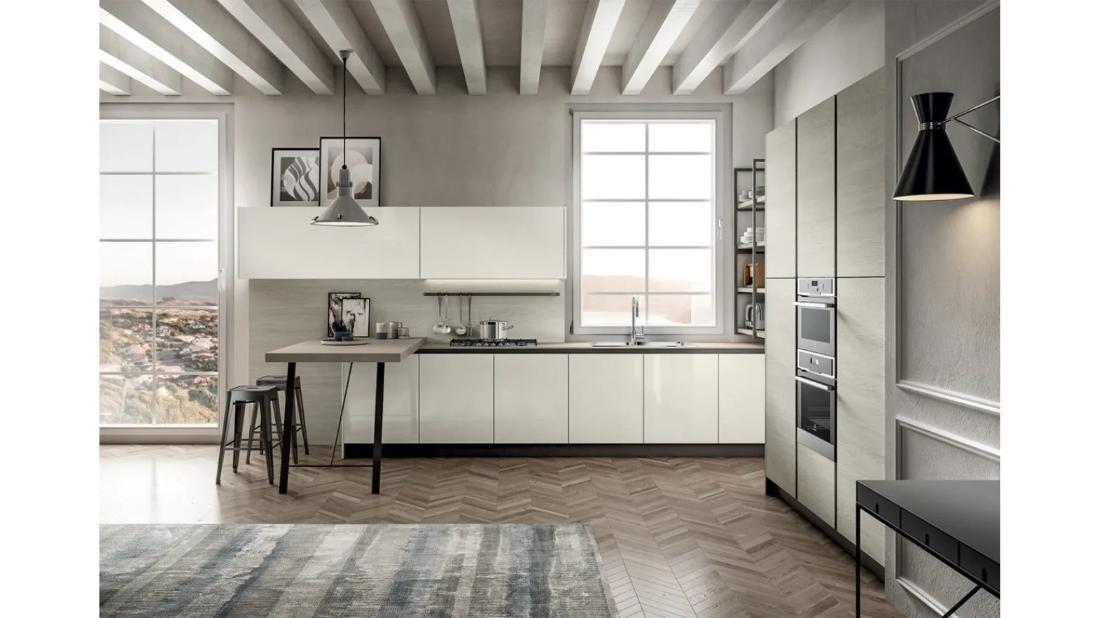 Cucina Moderna in laccato lucido e laminato Rovere Atalanta con penisola Cloe di Arredo3