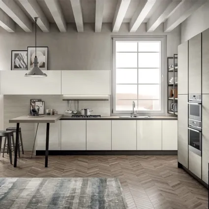 Cucina Moderna in laccato lucido e laminato Rovere Atalanta con penisola Cloe di Arredo3