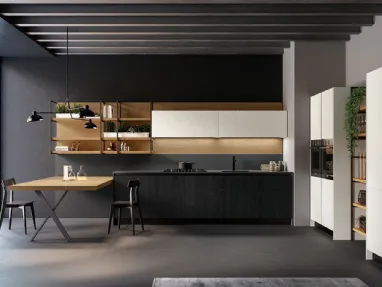 Cucina Moderna lineare Asia in laccato poro aperto Bianco e Nero opaco con top HPL Fenix Nero di Arredo3