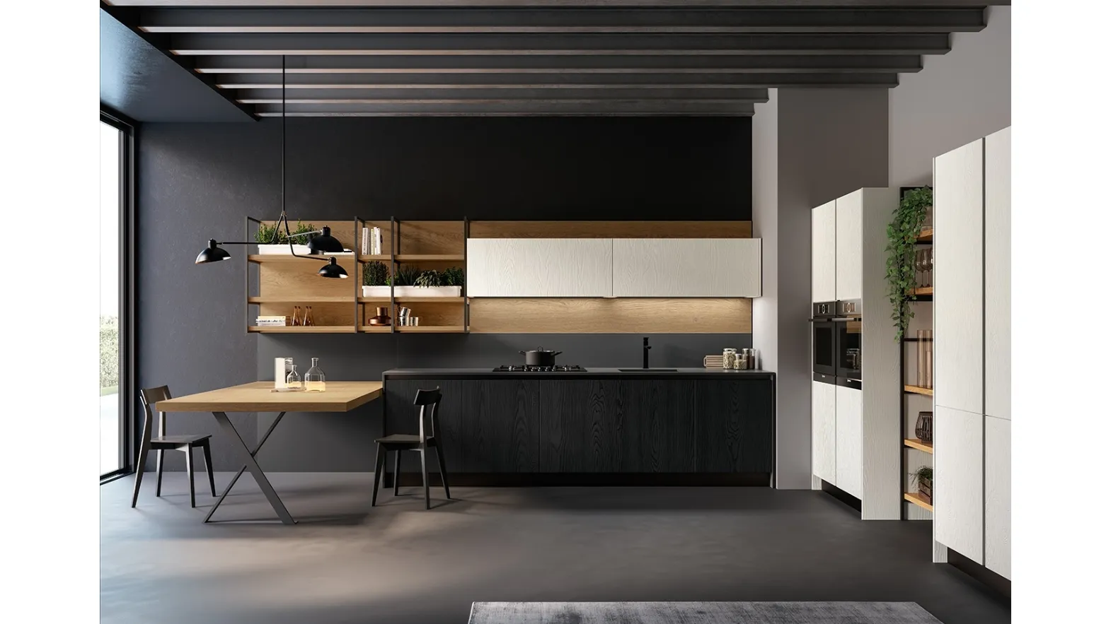 Cucina Moderna lineare Asia in laccato poro aperto Bianco e Nero opaco con top HPL Fenix Nero di Arredo3