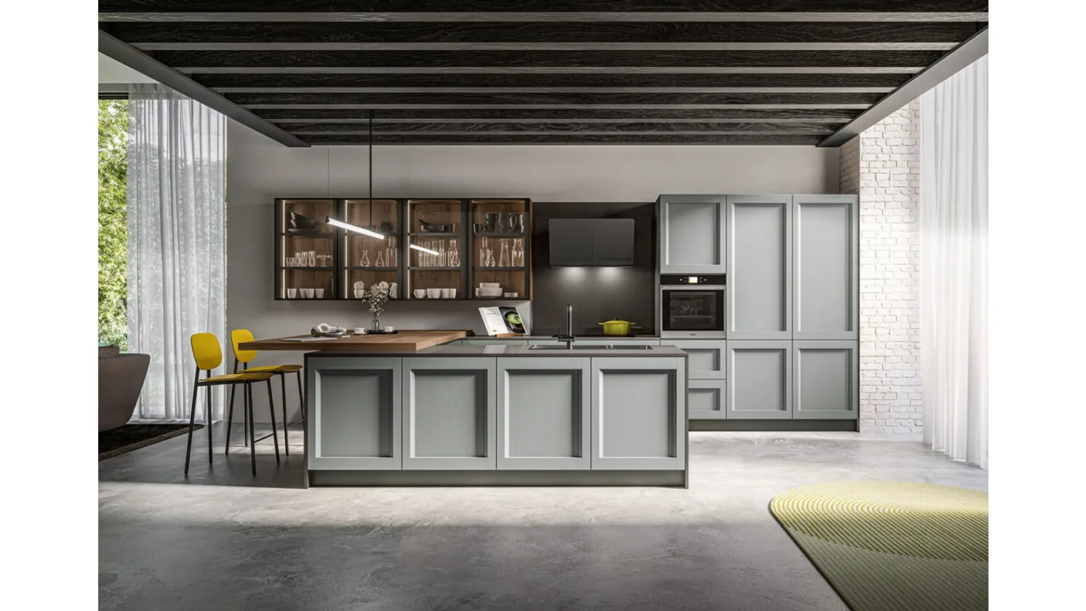 Cucina Moderna con isola in laccato poro aperto Grigio perla e penisola in finitura Rovere safari Frida Modern di Arredo3
