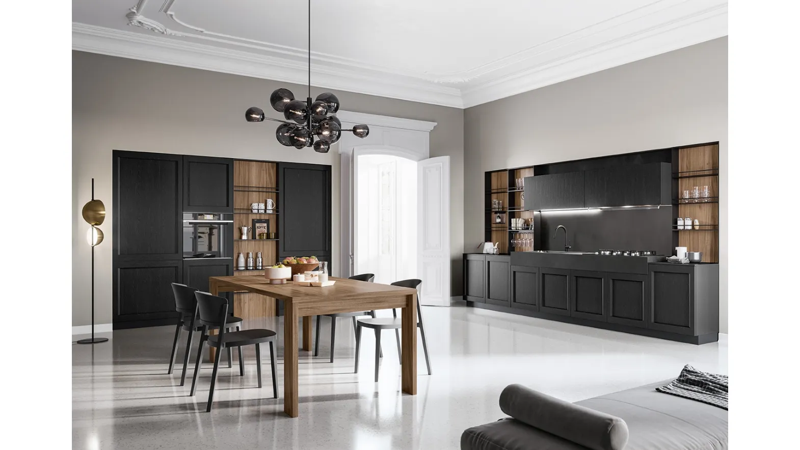 Cucina Moderna lineare in laccato poro aperto Nero e finitura Noce America Frida Modern di Arredo3