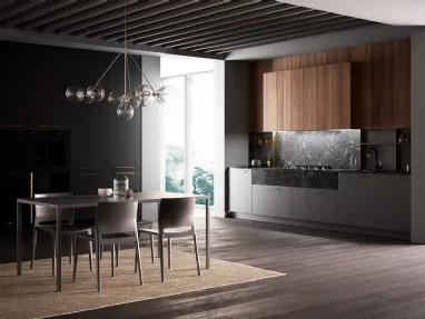 Cucina Moderna Kalì in laccato Lavagna opaco e laminato Noce America con top e schienali in laminato Pietra nera di Arredo3