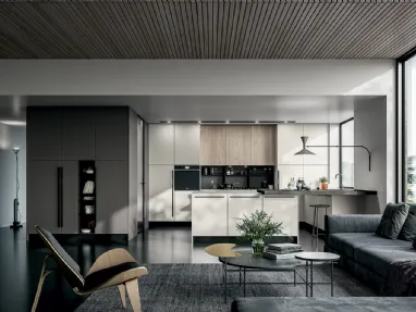 Cucina Moderna Round angolare con penisola in laminato Seta Bianco e Roccia con top in Quarzo di Arredo3