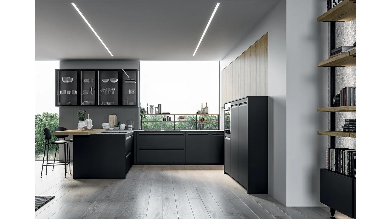 Cucina Moderna angolare Tekna in polimerico Nero opaco e laminato Rovere biondo di Arredo3