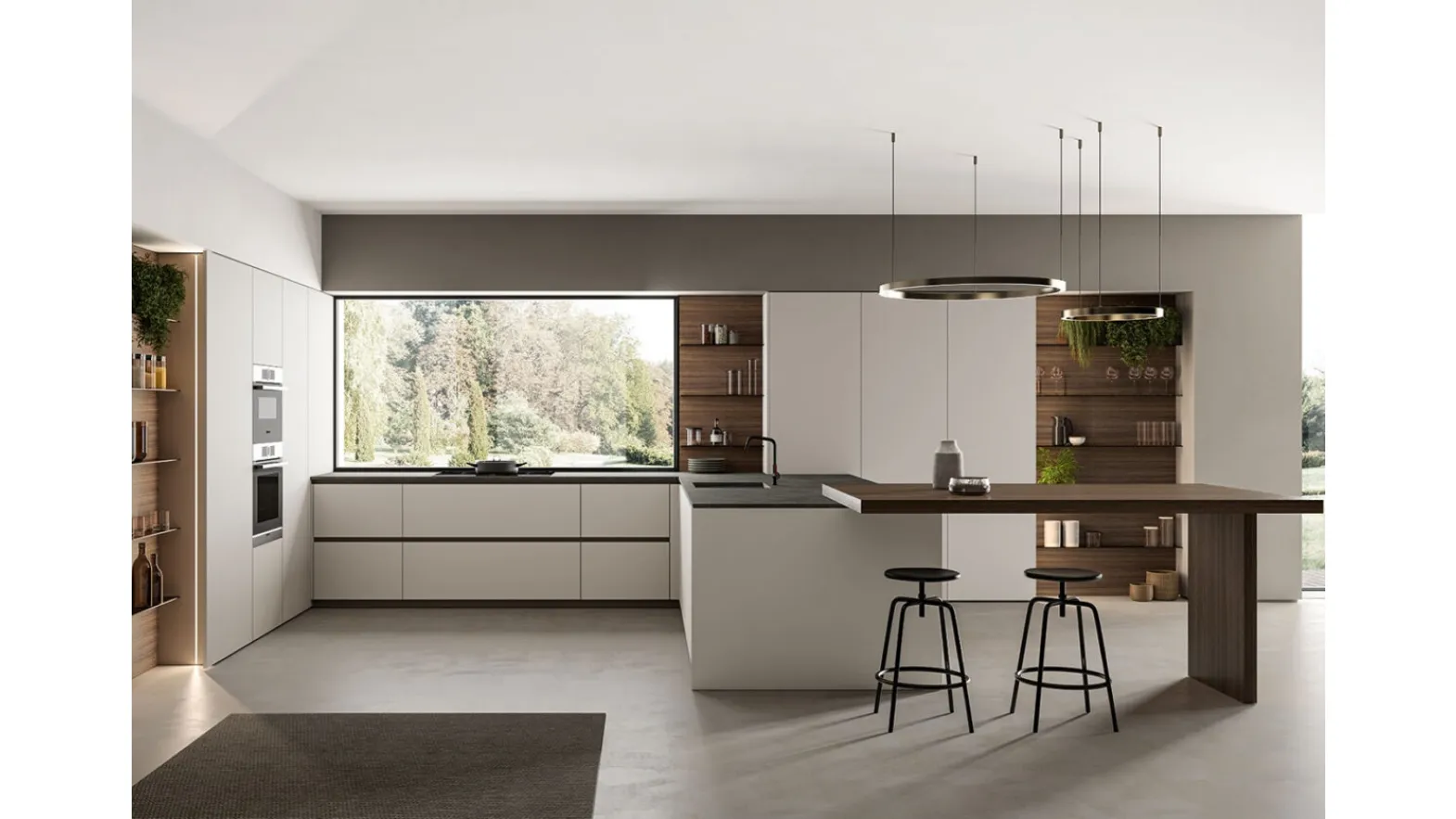 Cucina Moderna angolare laccato opaco Nebbia con penisola in Eucalipto Noce Time di Arredo3