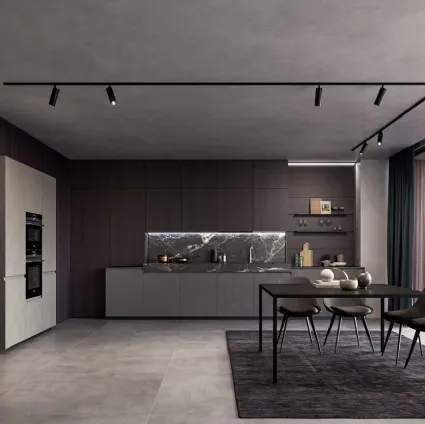 Cucina Moderna lineare in laminato Resina Cromo e impiallacciato Coke con top in ceramica effetto Marmo Nero rigato Wega di Arredo3